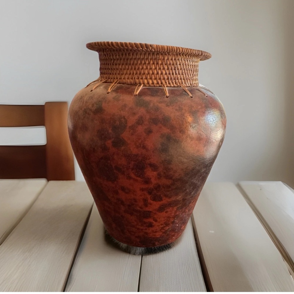 Wicker Top Pottery Vase~ Brown Tones ~ Vintage Rustic Decor~Unique B42